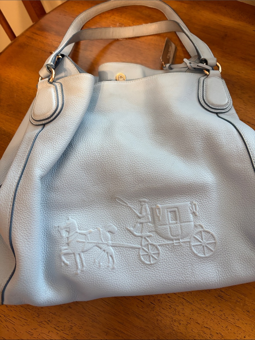 Coach Light Blue Pebbled Leather Shoulder Bag with Embossed Carriage